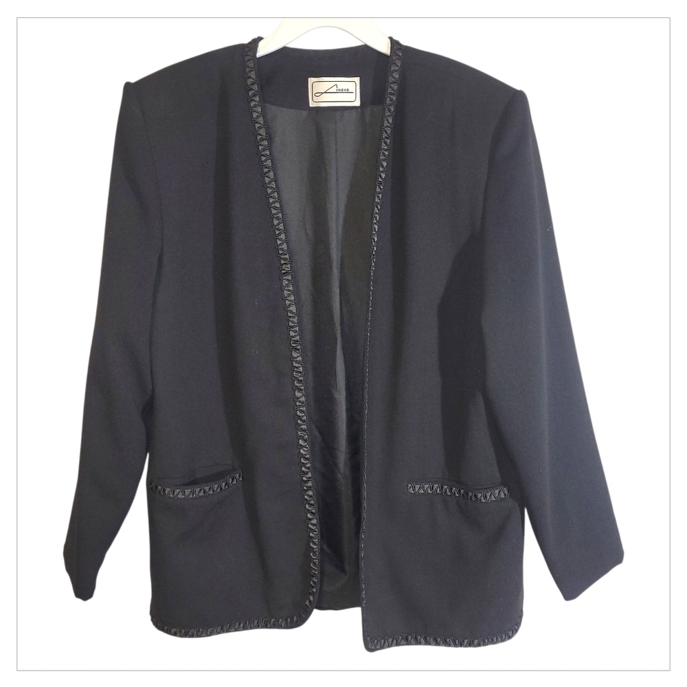 Vintage Lindor Black Open Front Blazer Minimalist Office Jacket 12 - Picture 3 of 8
